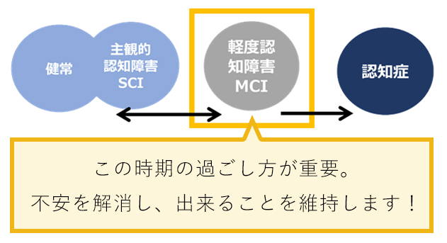 認知症の段階を示すイラスト「この時期の過ごし方が重要。不安を解消し、出来ることを維持します！」